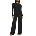 thumbnail image 1 of Ladies Ribbed Knit Two Piece Pants Sets Slim Fit Long Sleeve High Neck Tops and Wide Leg Flare Pant Lounge Pajama Set (L, Black), 1 of 6