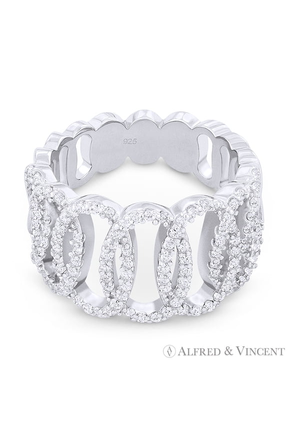 Ladies' Right-Hand CZ Crystal Multi-Oval Loop Wide Ring in .925 Sterling Silver w/ Rhodium