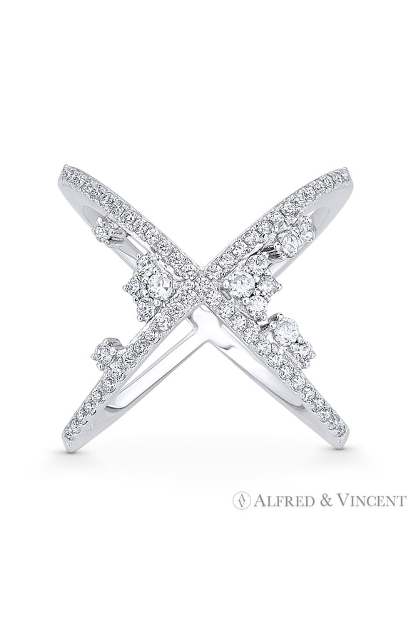 Ladies' Right-Hand Criss-Cross CZ Crystal Cluster X-Ring in .925 Sterling Silver w/ Rhodium