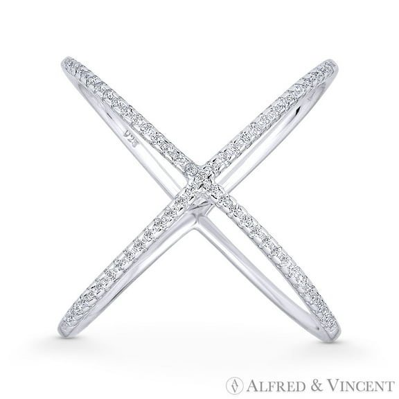 Ladies' Right-Hand Criss-Cross X-Ring w/ CZ Crystals in .925 Sterling Silver w/ Rhodium