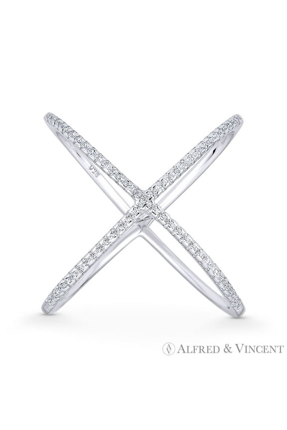 Ladies' Right-Hand Criss-Cross X-Ring w/ CZ Crystals in .925 Sterling Silver w/ Rhodium