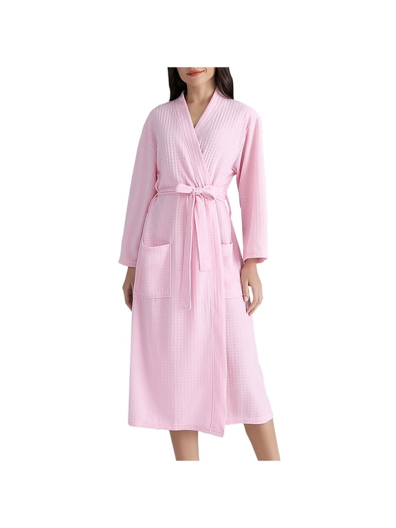 Ladies Robes, Womens Bathrobes, Wrap V-Neck Long Sleeve Belted Mid Length Robe with Pockets Soft Cozy Winter Bathrobe for Women