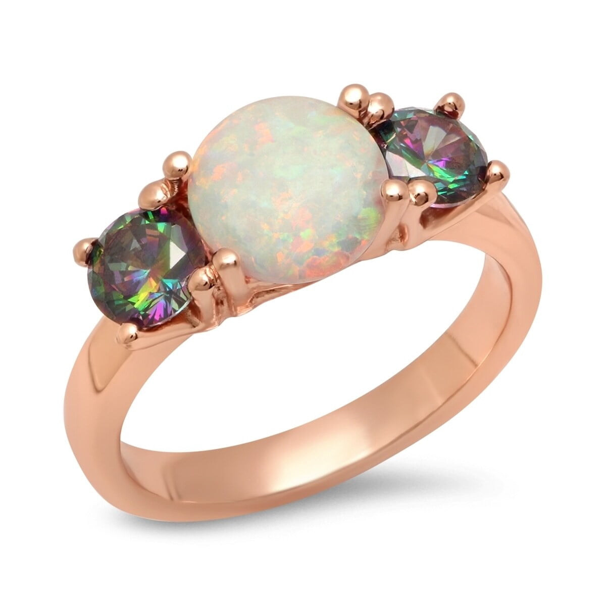 Ladies Rose Gold Tone Brass Rainbow Cubic Zirconia and Opal Engagement Ring