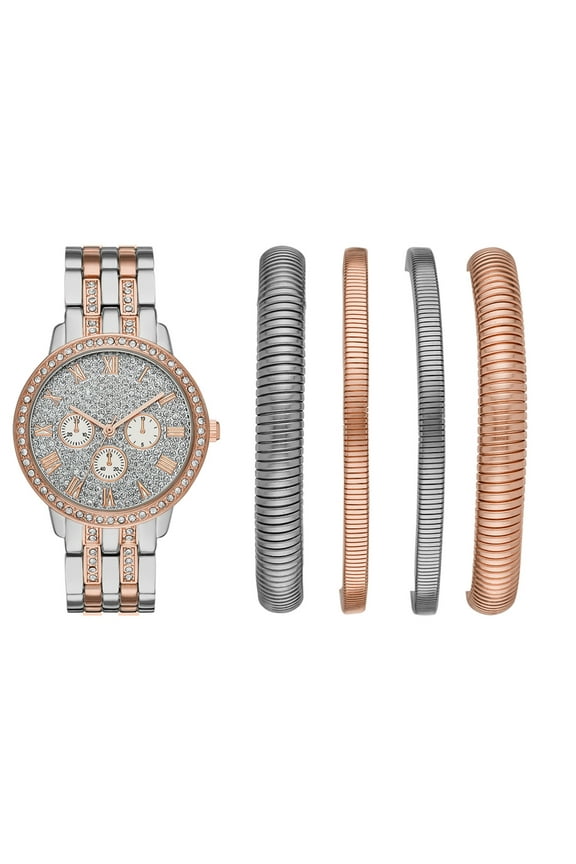 Ladies' Rose Gold and Silver Glitz Watch and Stackable Bracelet Gift Set