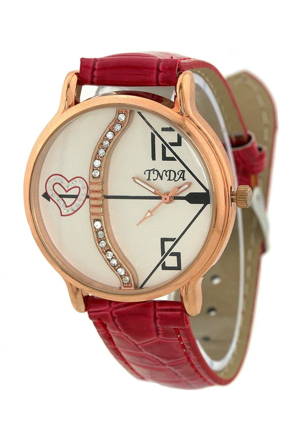 Ladies Rosegold-tone Cupid bow and arrow watch. 39mm 11mm thick case. 15mm wide Red strap fits 7-8 inches wrist.