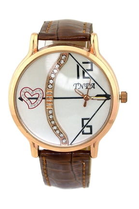 Ladies Rosegold-tone Cupid bow and arrow watch. 39mm 11mm thick case. 15mm wide brown strap fits 7-8 inches wrist.