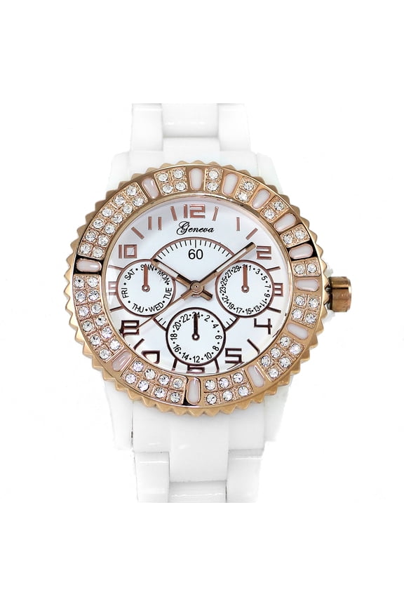Ladies Rosegold-tone white clubbing watch, 36mm 12mm thick case. CZ bezel, Mop dial, 3 nonfunctional sub-dial, 16mm wide white plastic link bracelet fits 7.5 inches wrist.
