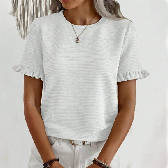 Ladies Round Neck Ruffled Short Sleeve T Shirt Top Womens T Shirts Long Sleeve Neck Tops for Women Plain Shirt Casual T Shirts Women Women Active Wear Tops Shirts Comfy Women Womens Casual Summer Tops
