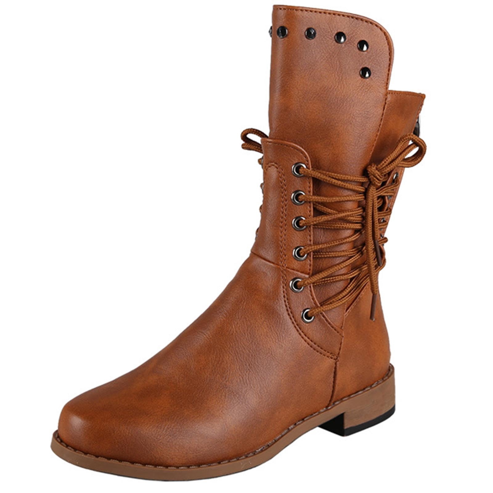 601403 Ladies Round Toe Boots Lace Up Chunky Heel Mid Calf - Walmart.com
