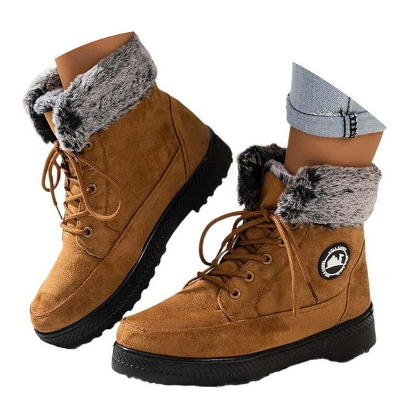 Ladies' Round Toe Flat Heel Lace Up Warm Plush Winter Outfit Wearing Midsole Snow Boots Yellow 36