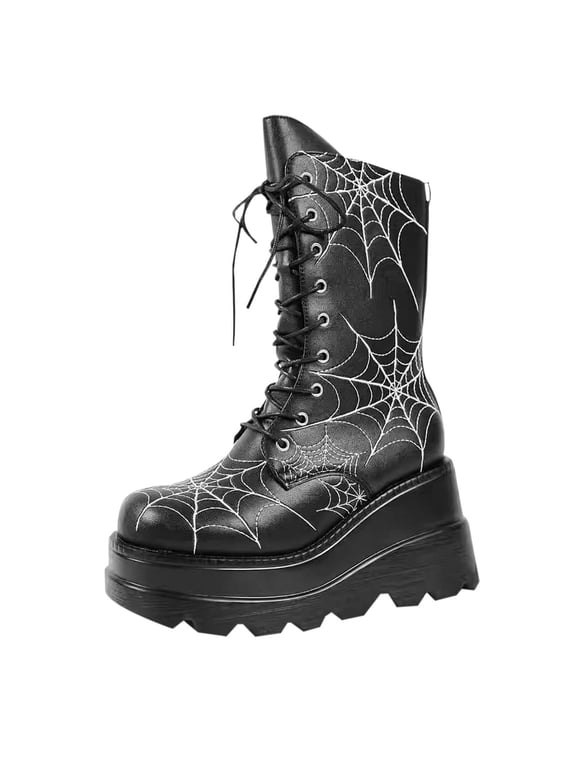 Ladies Round Toe Sloping Heel Web Boots, Gothic Style Thick Sole Casual Shoes Us Size 5.5