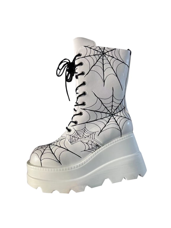 Ladies Round Toe Sloping Heel Web Boots, Gothic Style Thick Sole Casual Shoes Us Size 5.5
