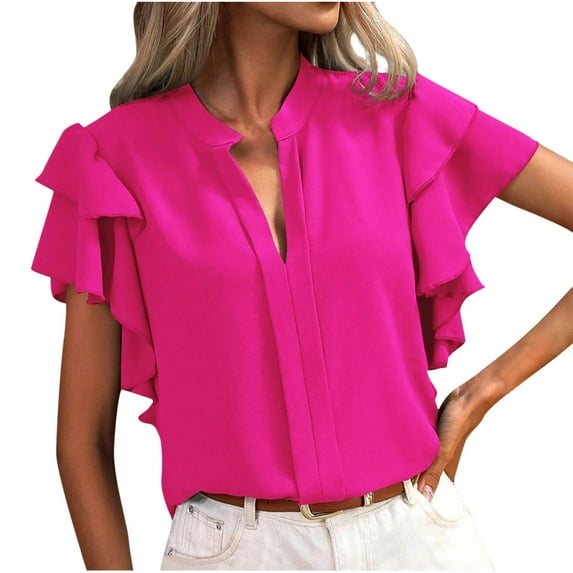 Ladies Ruffle Sleeve Tops Summer Trendy Deep V Neck Short Sleeve Shirts Business Dressy Casual Solid Blouses (XL, Hot Pink)