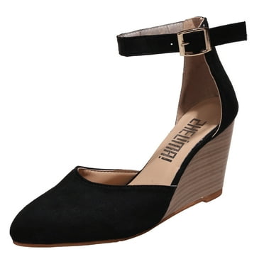Ladies Sandals Suede Pointed Wedge Heel Thick Bottom High-Traction Rubber Outsole,Closed Toe Platform Ankle Strap 3.15" Heel