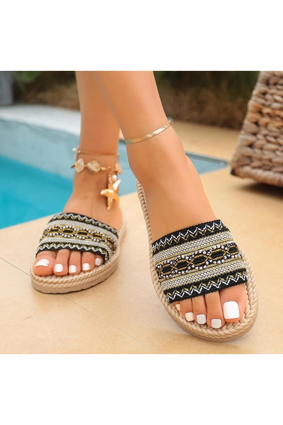 Ladies' Sandals, Versatile Ethnic Style Flat Bottomed Comfortable Hemp Rope Bottom Exposed Toe Slippers