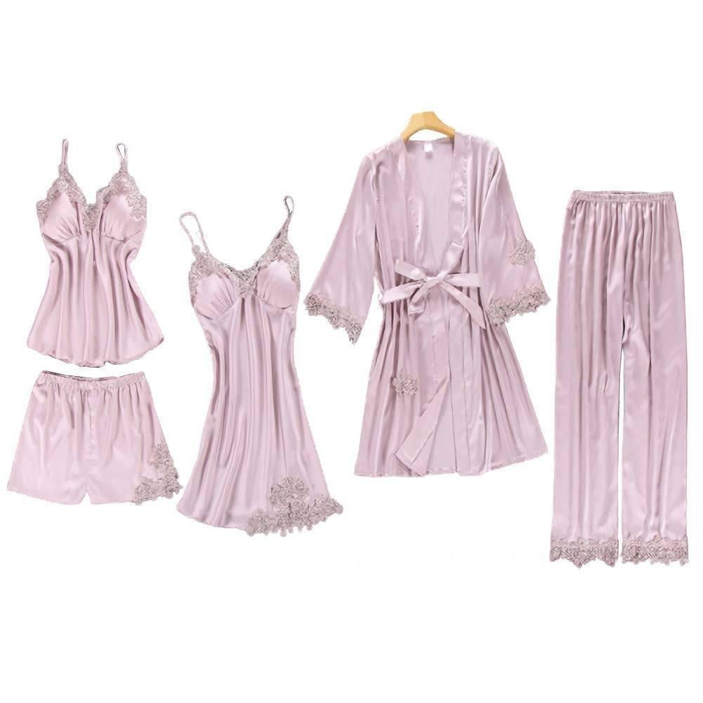 Ladies Satin Pajama Set 5 Piece Silk Lace Long Sleeve Pants Bathrobe ...