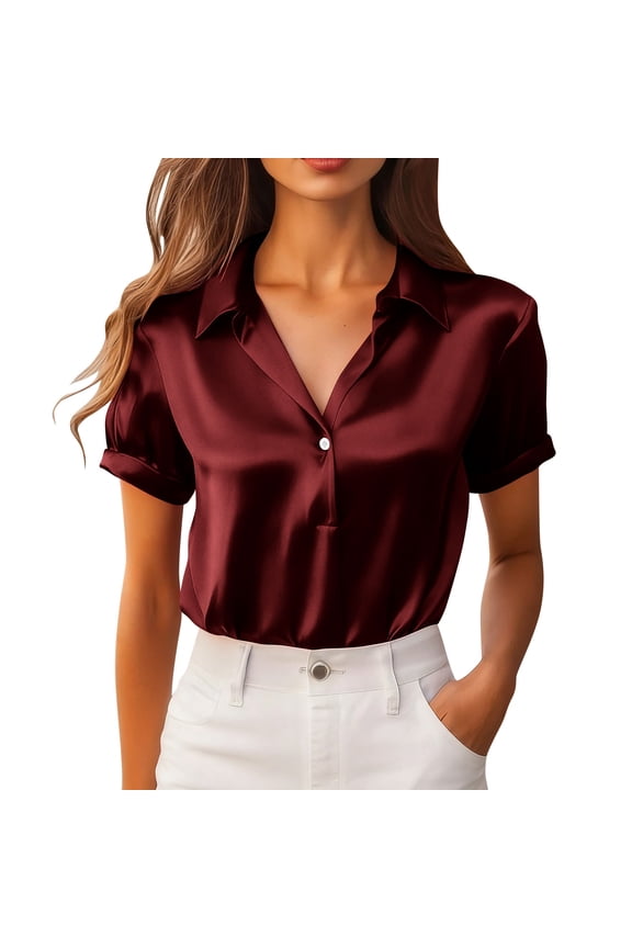 Ladies Satin Shirt Short Sleeve Office Work Shirts for Women Silk Button Down Collared V Neck Blouse Casual Smart Elegant Dressy Shirt Solid Color Business Formal Blouses