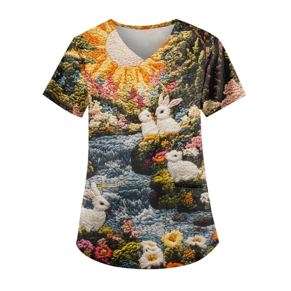 Ladies Scrub Shirt,Scrub Tops for Women Medical Workwear Stretch Fashion Funny Easter Printed Plus Size Short Sleeve Nursing Uniform Scrub Tops,Dark Green,XL