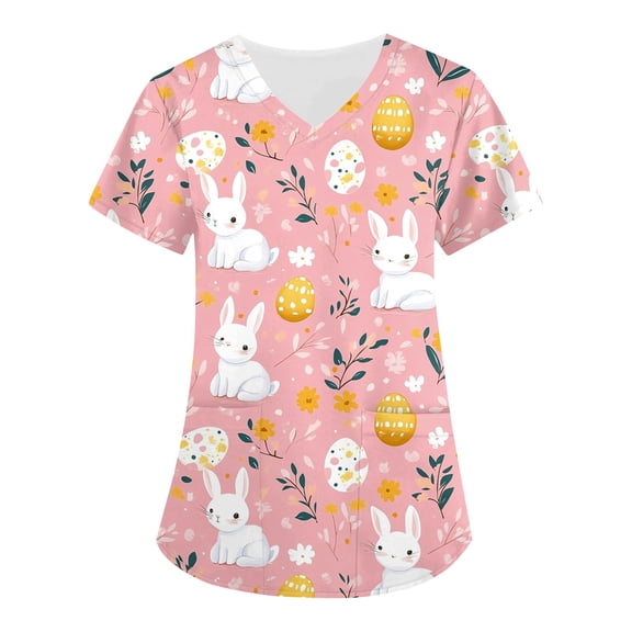 Ladies Scrub Shirt，Scrubs for Women 2026 Easter Bunny Eggs Print Tops for Women V Neck Stretchy Short Sleeve Nursing Shirts with Pockets，Pink，S