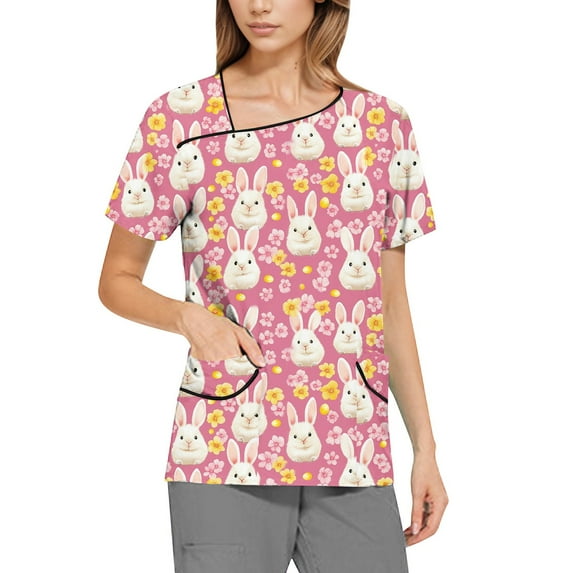 Ladies Scrub Shirt,Scrubs for Women Trendy Easter Printing Plus Size Scrubs Tops Casual V Neck Short Sleeve Uniform with Pocket,Pink,XXXXL
