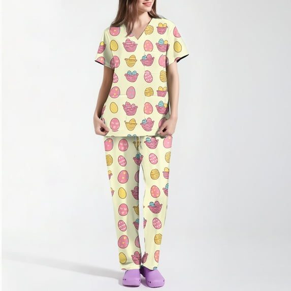 Ladies Scrub Shirt,Women's Short-Sleeve Easter Print Nursing Scrubs Set with Pockets,Pink,S