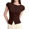 thumbnail image 1 of Ladies Sexy Button Short Sleeve Thread Solid Color Cardigan T Shirt Top, 1 of 2