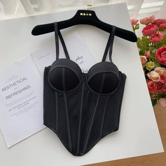 Ladies' Sexy Fishbone Exposed Waist Bra: Fashionable Contrasting Color Waist Bra With Suspender Top（Black XXL）