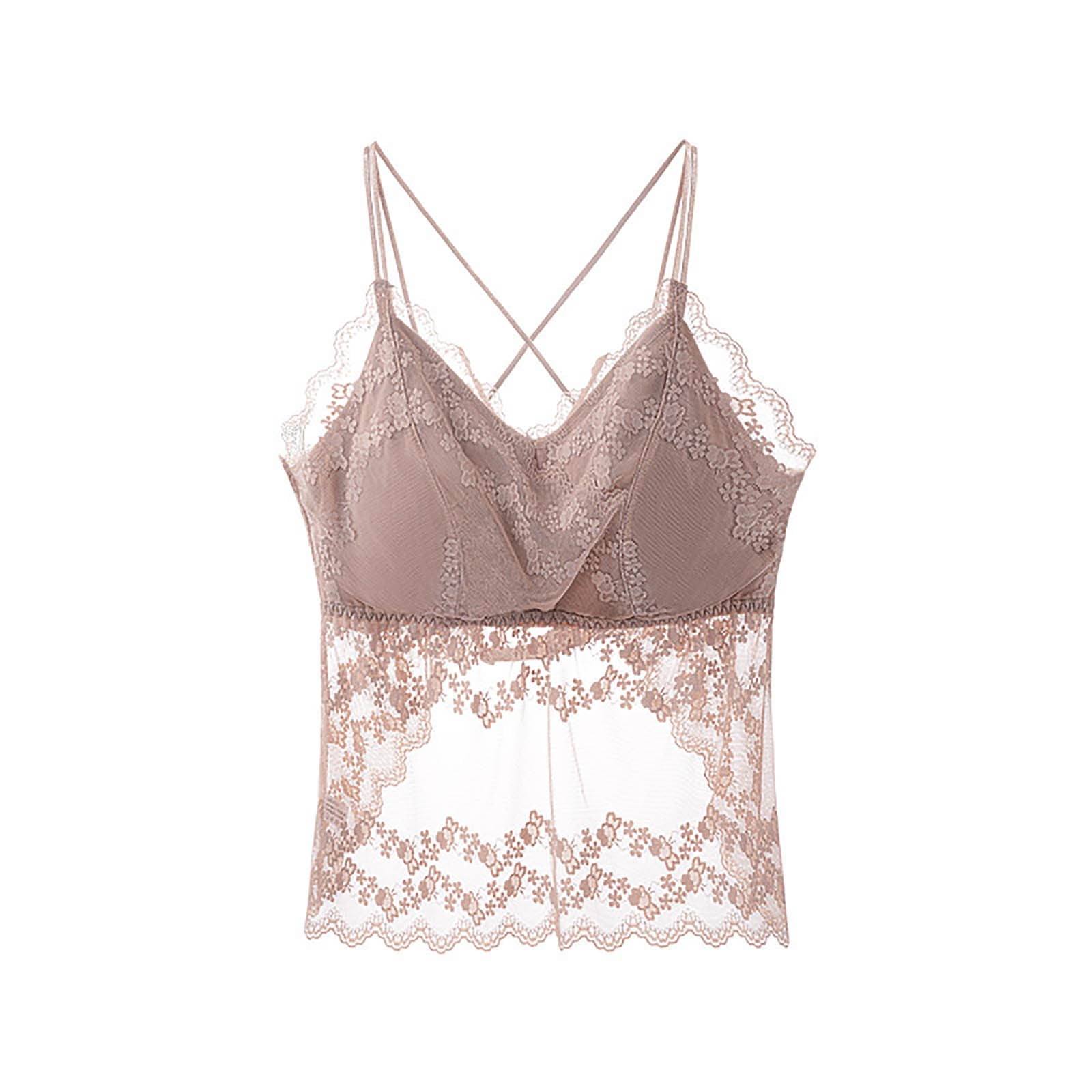 Ladies Sheer Lace Floral Bralette Wireless Padded Tank Top Deep V