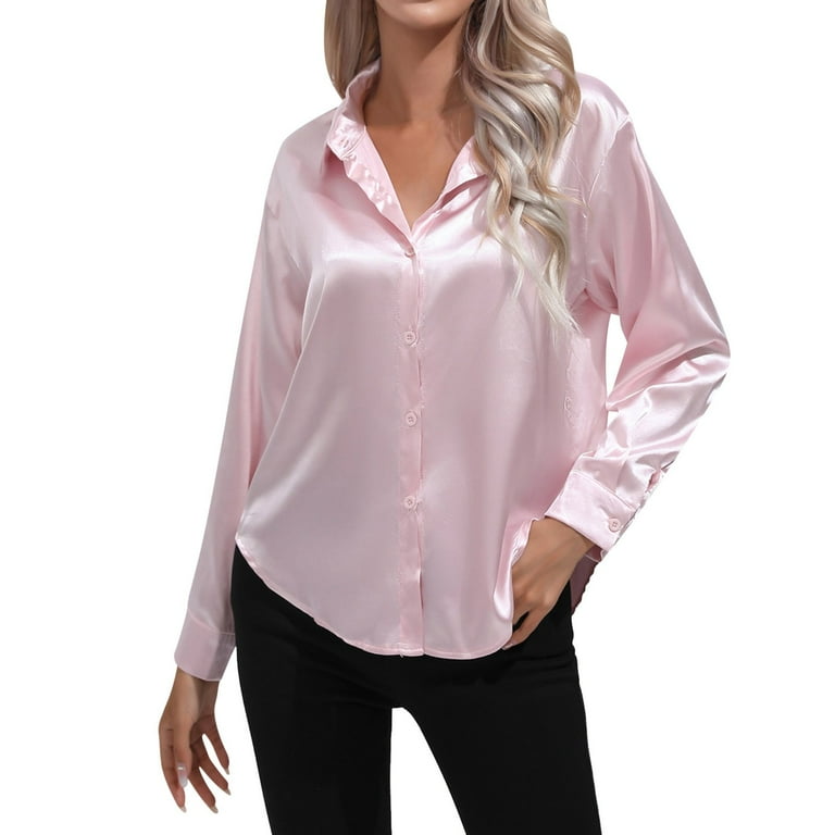 Ladies Shirts Long Sleeve Solid Color Round Neck Loose Silk Satin Spring And Summer Summer Blouses For Women Walmart