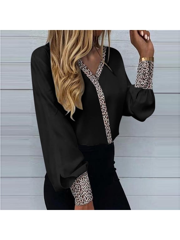 Ladies Shirts Summer Top for Women Menwomen Shirts Women Fashion Shirt Top with Leopard Stitching Long Sleeve V-Neck Casual Elegant blouse for everyday wear Black XXL
