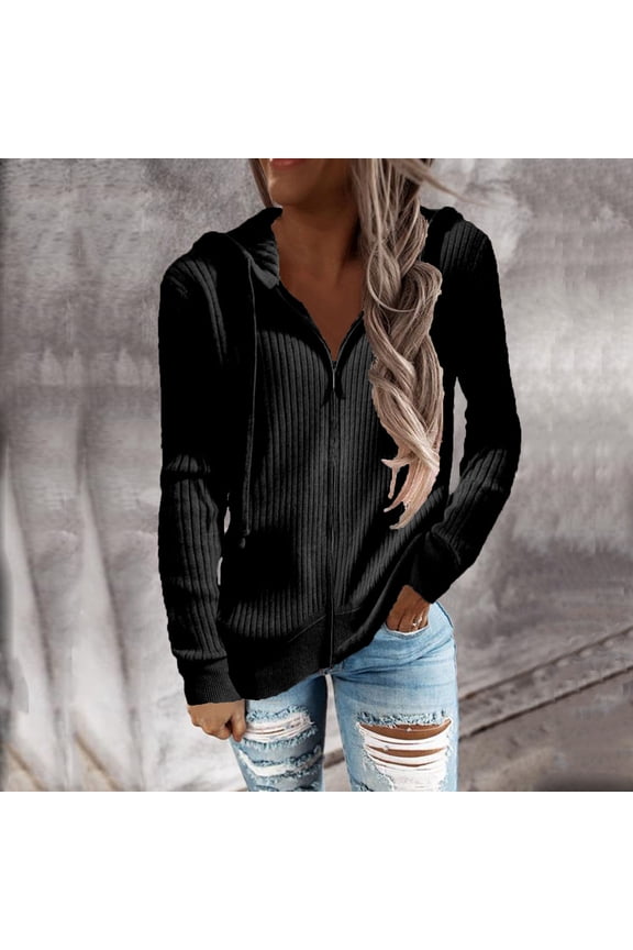 Ladies Shirts Summer Top for Women Shirts Women's Long Sleeve Hoodie Zip Front Solid Color Cardigan Jacket for Everyday Wear Platform Competitor Influential Similar Tops Without Color/Size Black M
