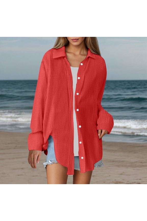 Ladies Shirts Summer Top for Women’s Casual Oversized Solid Color Shirt Breathable Lightweight Blouse Relaxed Fit Top for Everyday Wear Women Shirts Red S