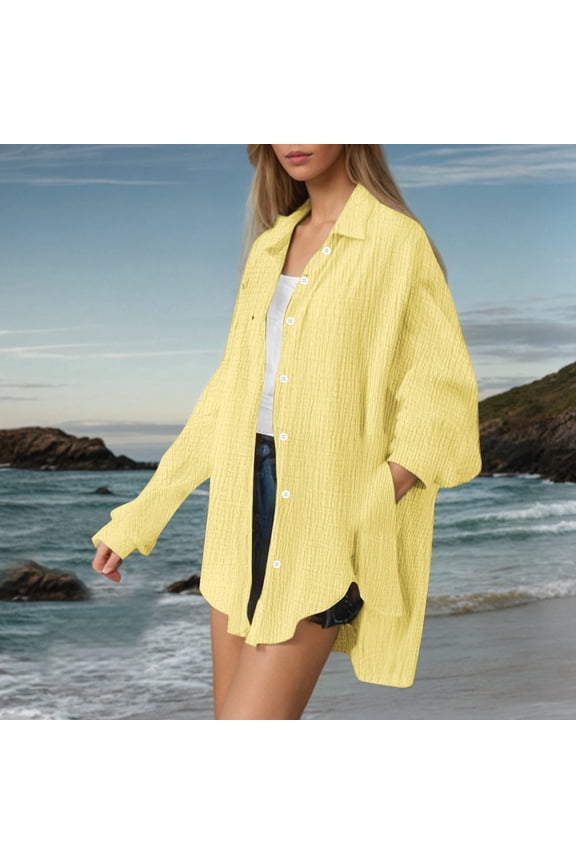 Ladies Shirts Summer Top for Women’s Casual Oversized Solid Color Shirt Breathable Lightweight Blouse Relaxed Fit Top for Everyday Wear Women Shirts Yellow XXL