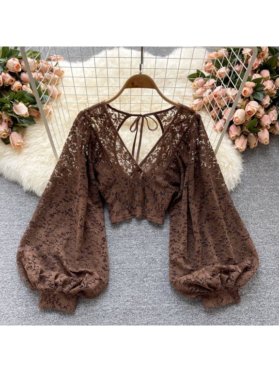 Ladies Shirts Summer Top for Women Blouse Elegant Sheer Lace Backline Overlay Top for Autumn Slim Fit Tie Detail Versatile Layering Coffee One Size