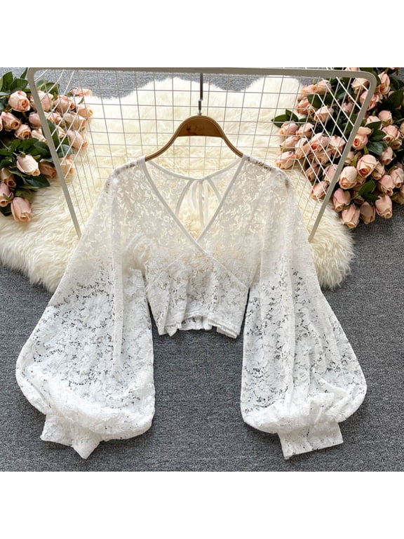 Ladies Shirts Summer Top for Women Blouse Elegant Sheer Lace Backline Overlay Top for Autumn Slim Fit Tie Detail Versatile Layering White One Size