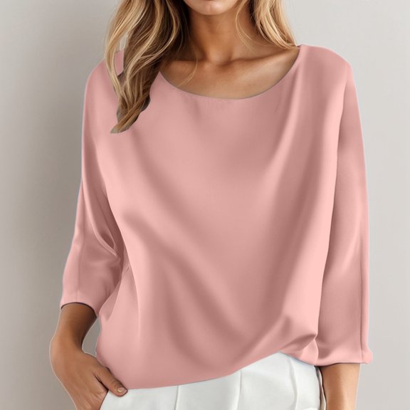 Ladies Shirts Summer Top for Women Elegant Womens Shirt Top with Classic Round Neck and 3/4 Sleeves for Everyday Wear Pink M