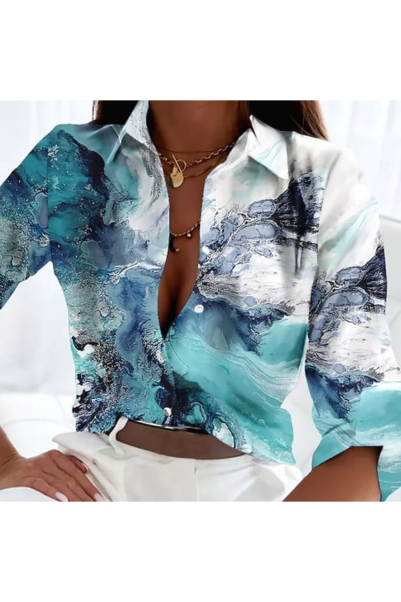 Ladies Shirts Summer Top for Women Shirts — Modern Abstract Button-Print Long Sleeve Blouse for Everyday Casual Wear Blue L