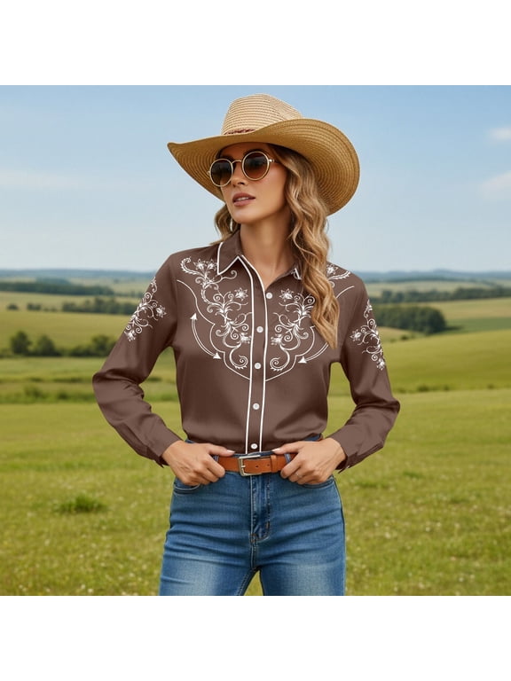 Ladies Shirts Summer Top for Women Shirts Western Floral Print Long Sleeve Boho Top with Button Down Front and Comfortable Fit for Daily Brown S