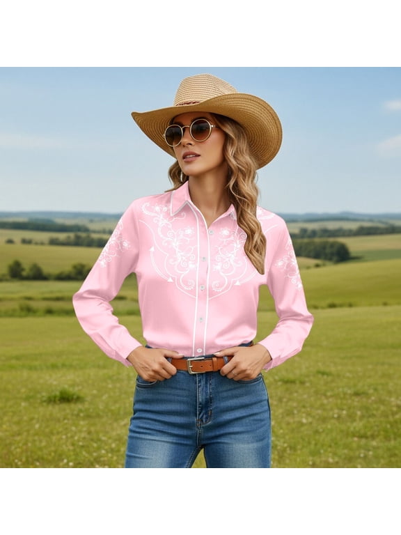 Ladies Shirts Summer Top for Women Shirts Western Floral Print Long Sleeve Boho Top with Button Down Front and Comfortable Fit for Daily Pink XXL