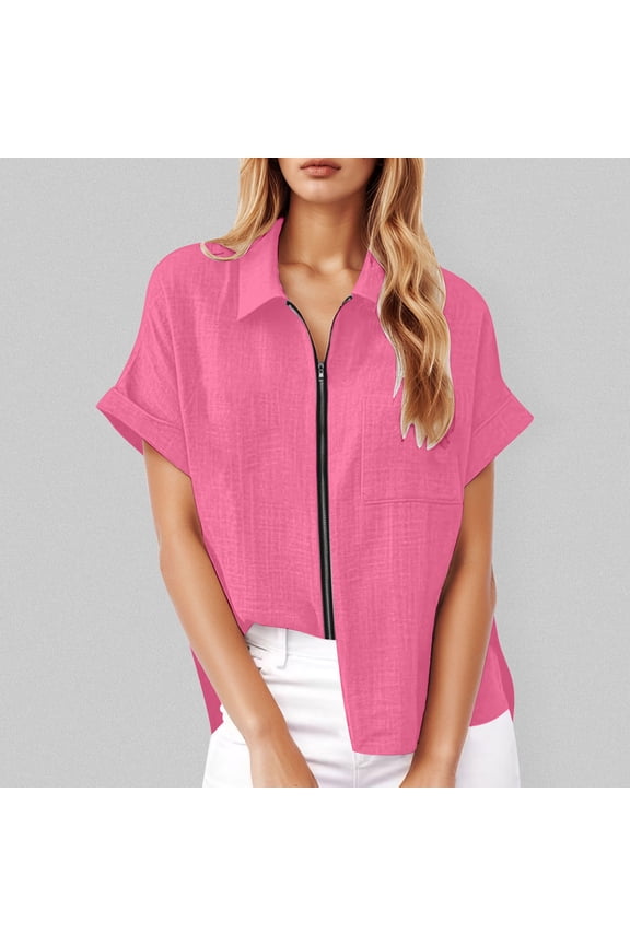 Ladies Shirts Summer Tennis Top for Women Versatile Women Summer Shirt with Zip Front Solid Tennis Tops for Everyday Casual Wear Pink S