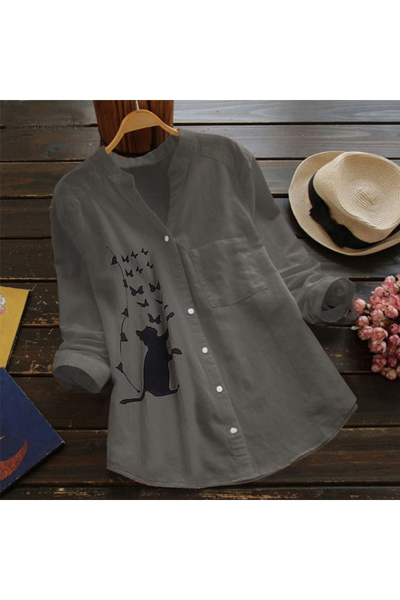 Ladies Shirts Summer Top for Women Women Tennis Shirts Printed Casual Long Sleeve Blouse Tops for Women Button Front Cat Print Shirt Style Grey S