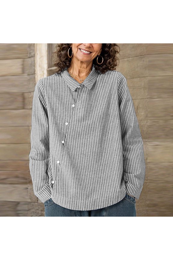 Ladies Shirts Summer Top for Women’s Casual Blouse with Vertical and Open Collar for Everyday and Wear Grey XXL