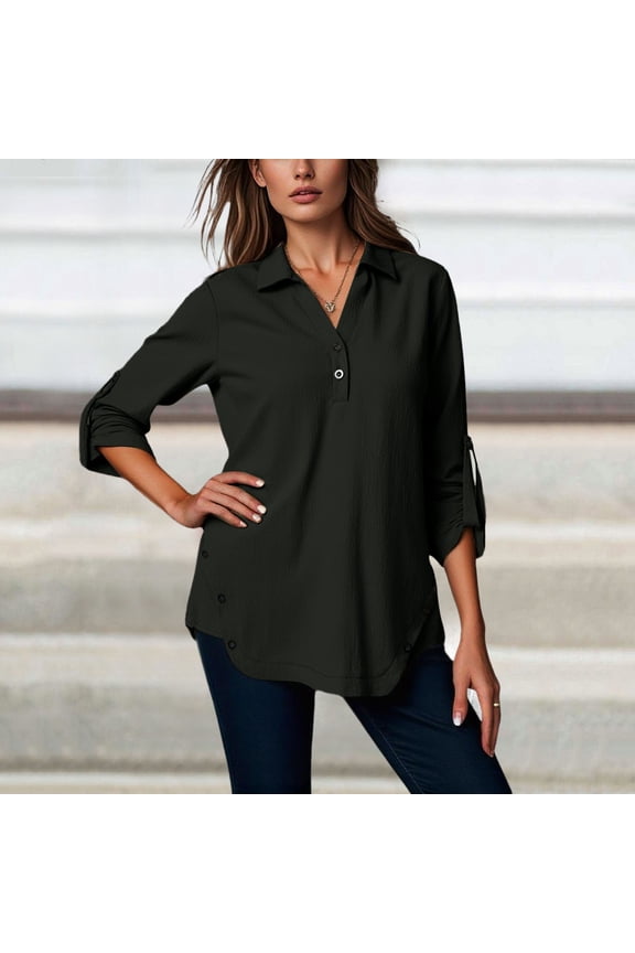 Ladies Shirts Summer Top for Women’s Shirt Wardrobe for Everyday Wear Versatile Button-Front V-Neck Top for Spring and Fall Layering Black XL