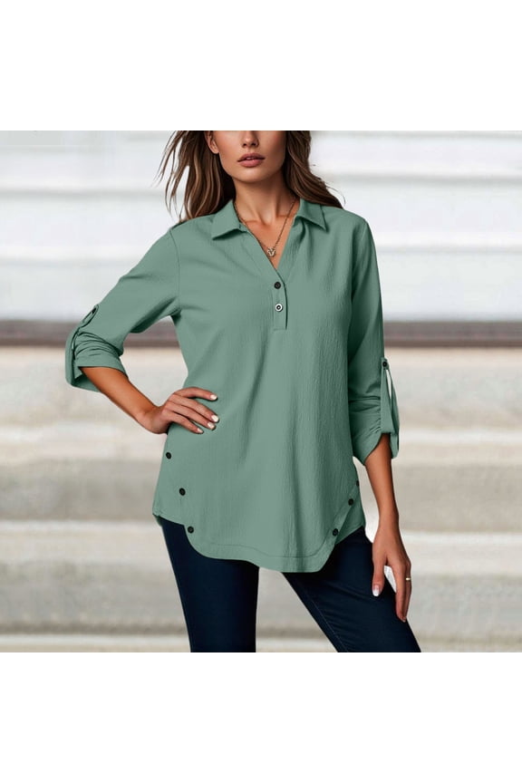 Ladies Shirts Summer Top for Women’s Shirt Wardrobe for Everyday Wear Versatile Button-Front V-Neck Top for Spring and Fall Layering Light Green M