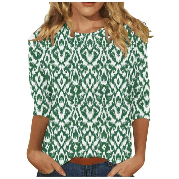 Ladies Shirts and Blouses Tunics or Tops to Wear with Leggings Women's Fashion Printed T-shirt 3/4 Sleeves Blouse Round Neck Tops
