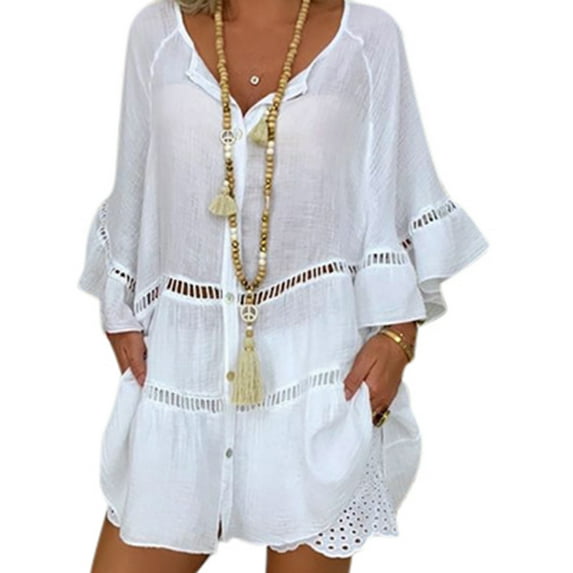Ladies Short Sleeve Button T Shirts Tunic Tops Women Summer Beach Plain Color Hollow Out Button Blouse Loose Long Top White 4XL(US 22-24)