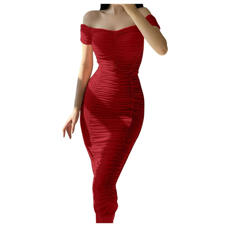 Ladies Short Sleeve One Shoulder Dress Solid Color Gathered Slim Ladies Causal Dresses Size 16 Dresses for Women Casual Long Summer Dresses for Women