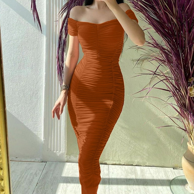 Ladies Short Sleeve One Shoulder Dress Solid Color Gathered Slim Dress  Women's Casual Dress Orange L