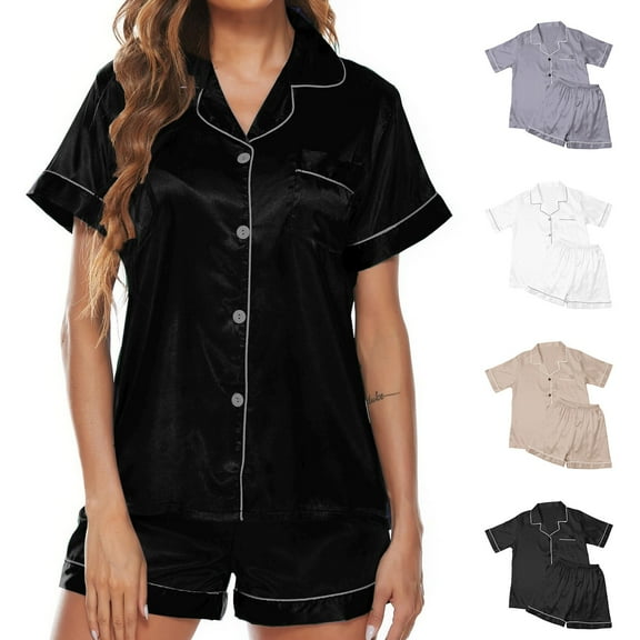 Ladies Short Sleeve Shorts Pajama Set Satin Lapel Collar Comfortable Two Piece Home Loungewear
