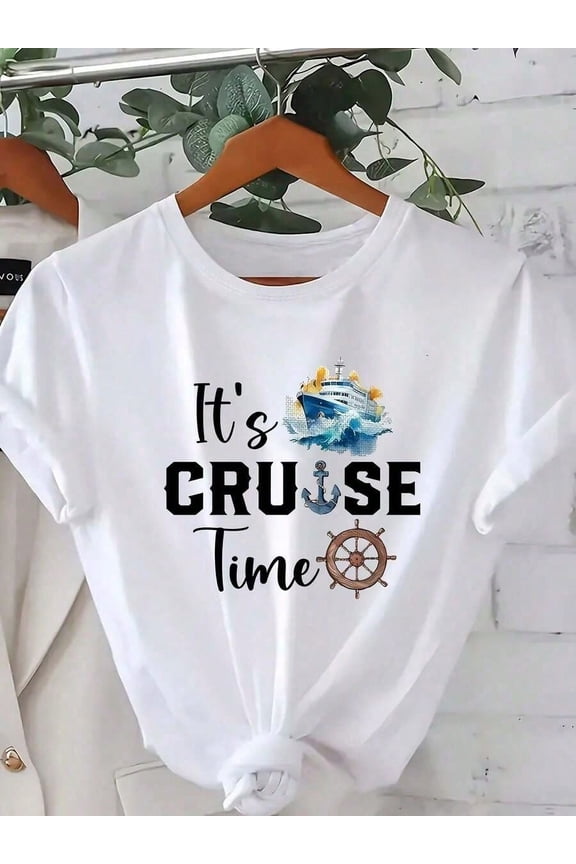 Ladies' Short-Sleeve T-Shirt With A 'Cruise Time' Pattern, Designed For Cruise Travel, Perfect For Comfortable And Casual Wear In Spring And Summer.